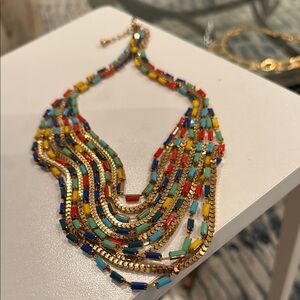 Bright Multi-Colored Multi-Strand Gold Tone Necklace